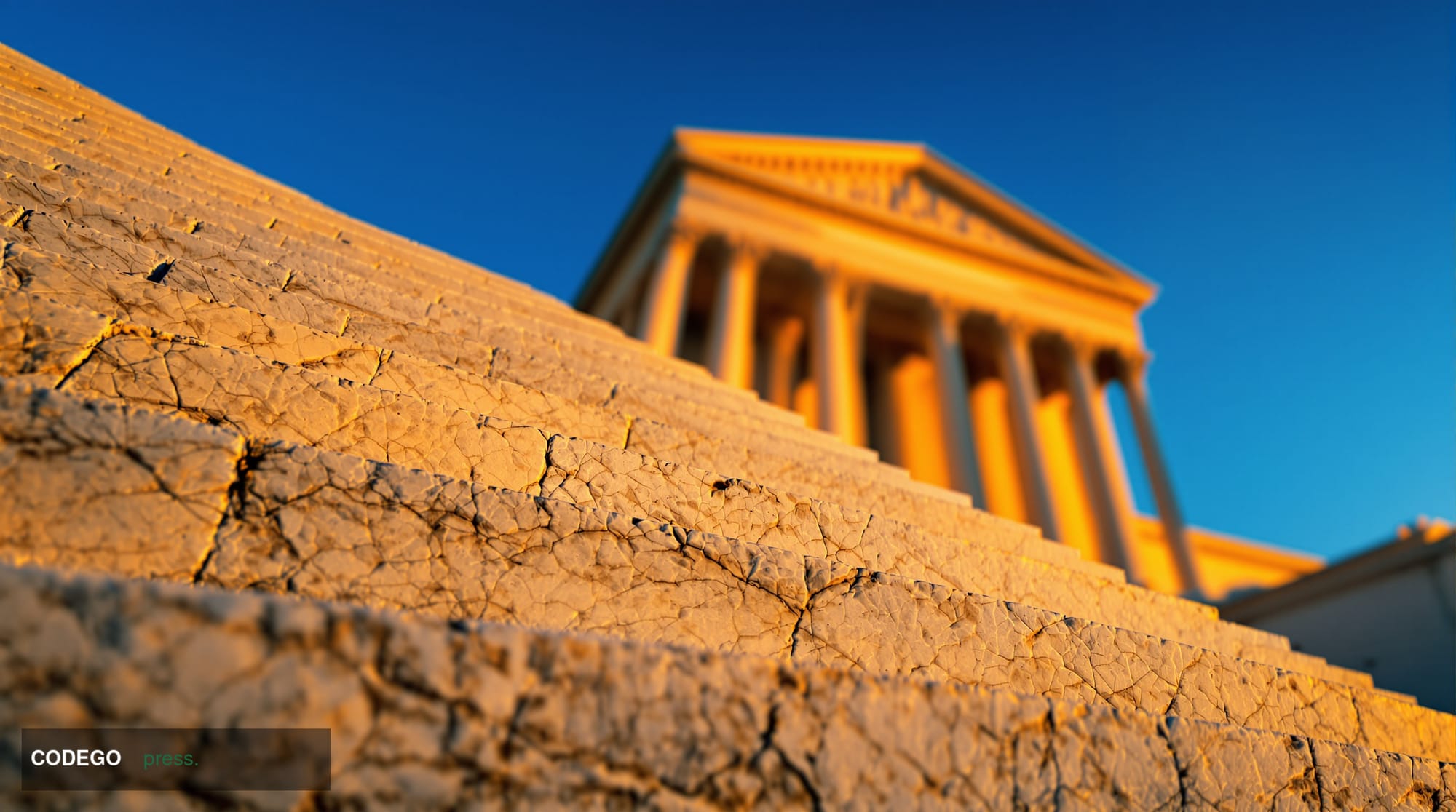 A dramatic photorealistic editorial photograph taken from a low-angle perspective looking up at the neoclassical marble colum