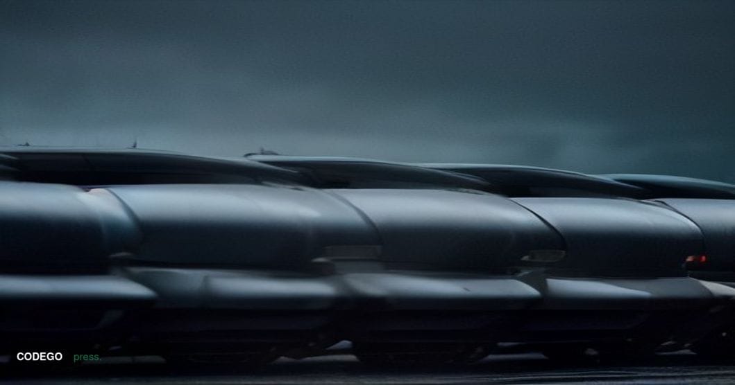 A cinematic editorial photograph of a row of unsold used cars on a rain-dampened forecourt at dusk, shot from a low wide-angl