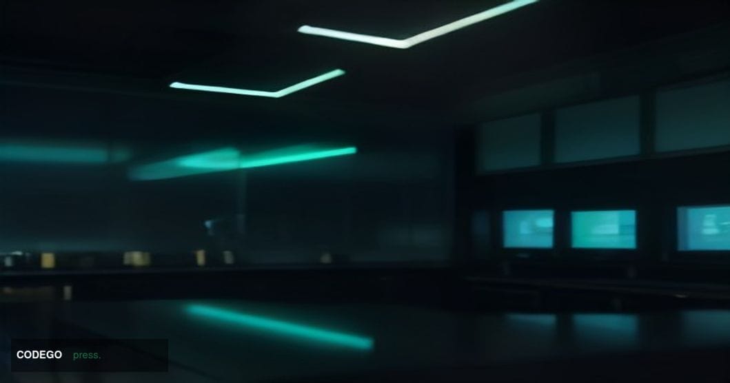 A cinematic editorial photograph set inside a sleek, dimly lit blockchain technology operations center, with the warm amber g
