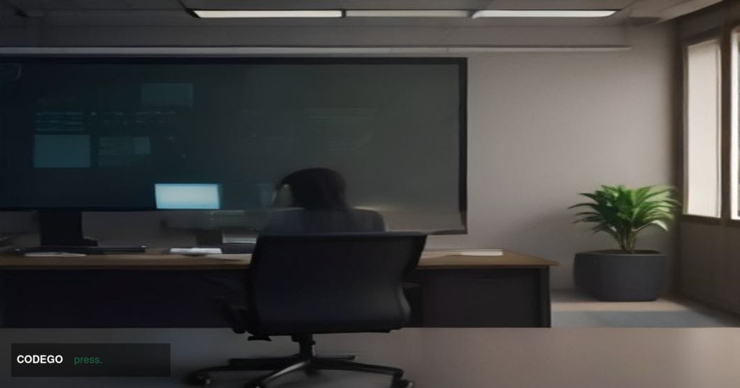 A cinematic editorial photograph set inside a dimly lit corporate blockchain technology office, with a large curved monitor d