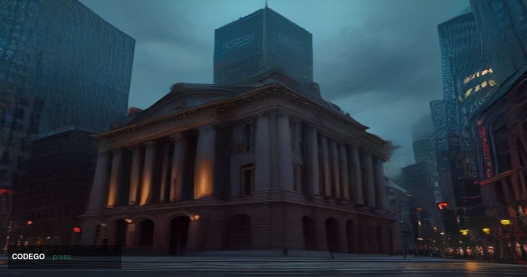 A cinematic editorial photograph set in Tokyo's financial district at dusk, featuring the imposing granite facade of the Bank