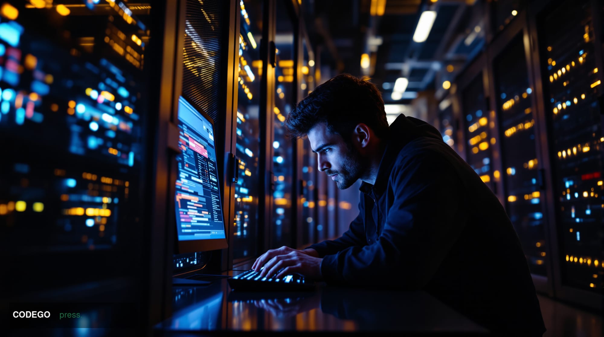 A cinematic editorial photograph of a lone software developer hunched over a glowing workstation in a darkened server room, s