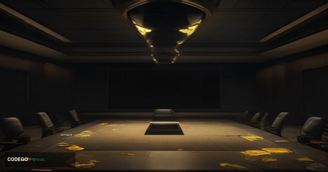 A cinematic editorial photograph set inside a dark, cavernous digital-age boardroom representing a decentralized autonomous o