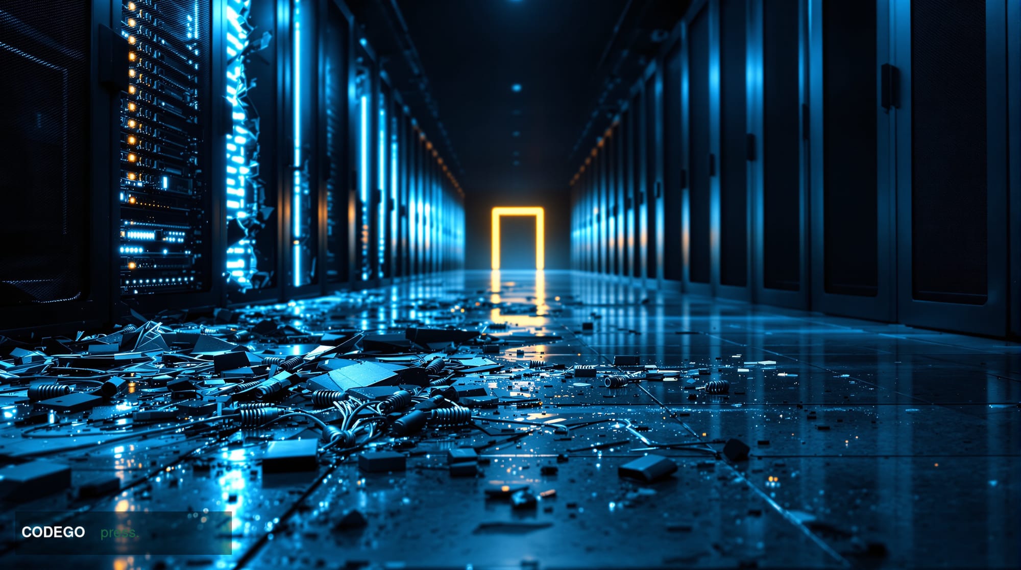 A dramatic close-up editorial photograph of a shattered server rack inside a darkened data center corridor, the fractured met