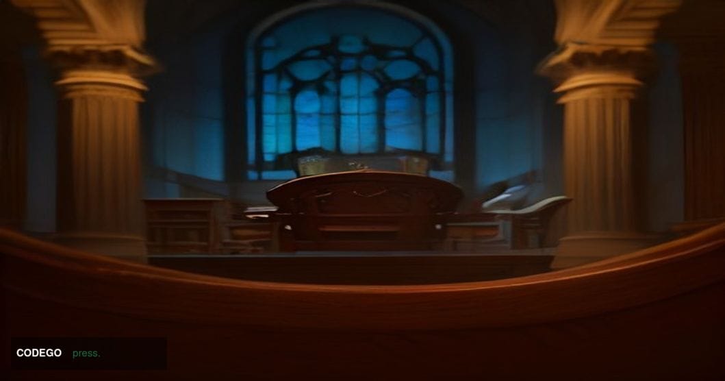 A dramatically lit federal regulatory hearing room interior, shot from a low angle looking up toward a curved mahogany hearin