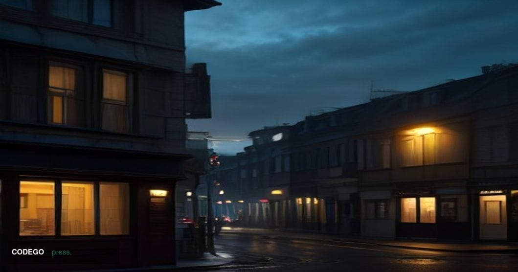 A cinematic editorial photograph shot at street level on a classic British high street at dusk, golden amber light fading fro