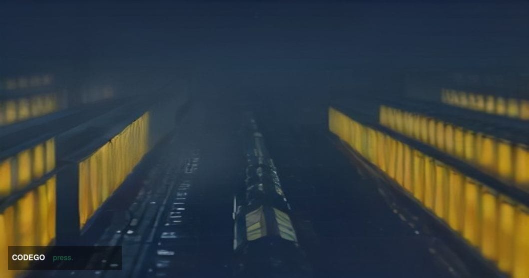 A dramatic cinematic editorial photograph set in a modern São Paulo corporate data center, shot from a low angle looking up a