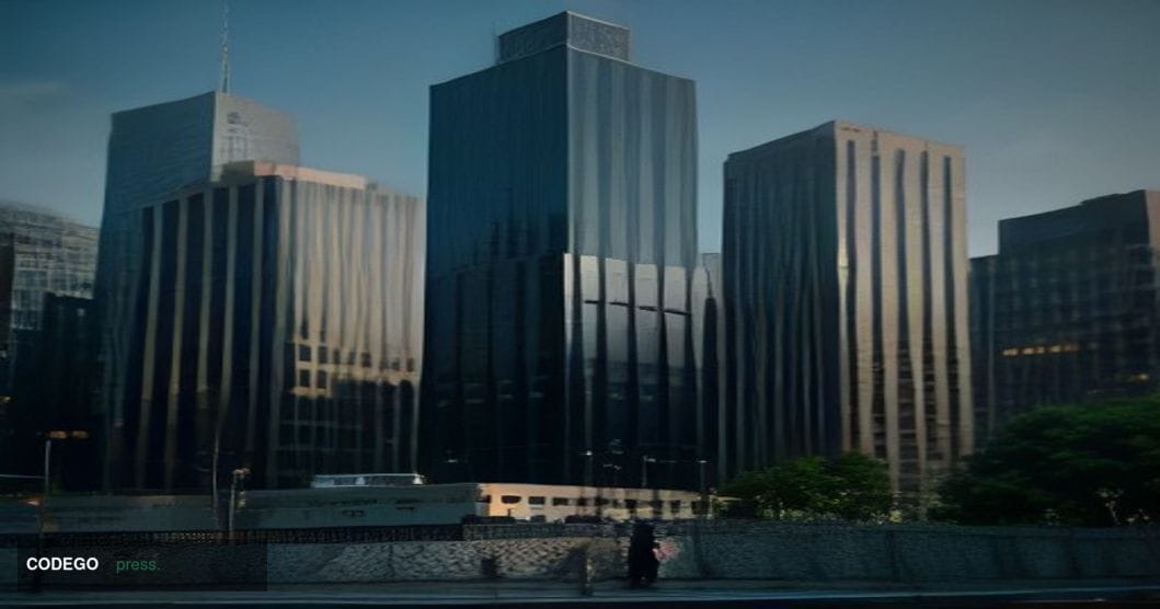A cinematic editorial photograph set in São Paulo's financial district, featuring the iconic glass towers of Faria Lima Avenu