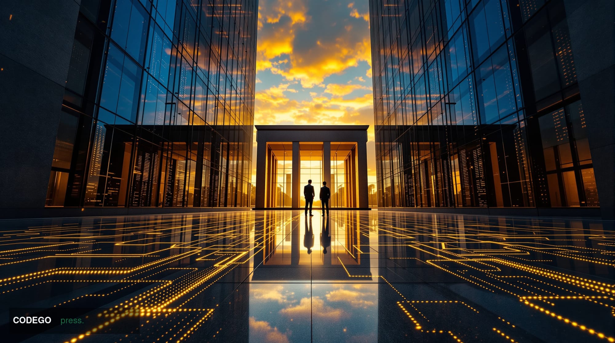A cinematic editorial photograph shot at a low angle looking upward at the imposing glass-and-concrete façade of a central ba