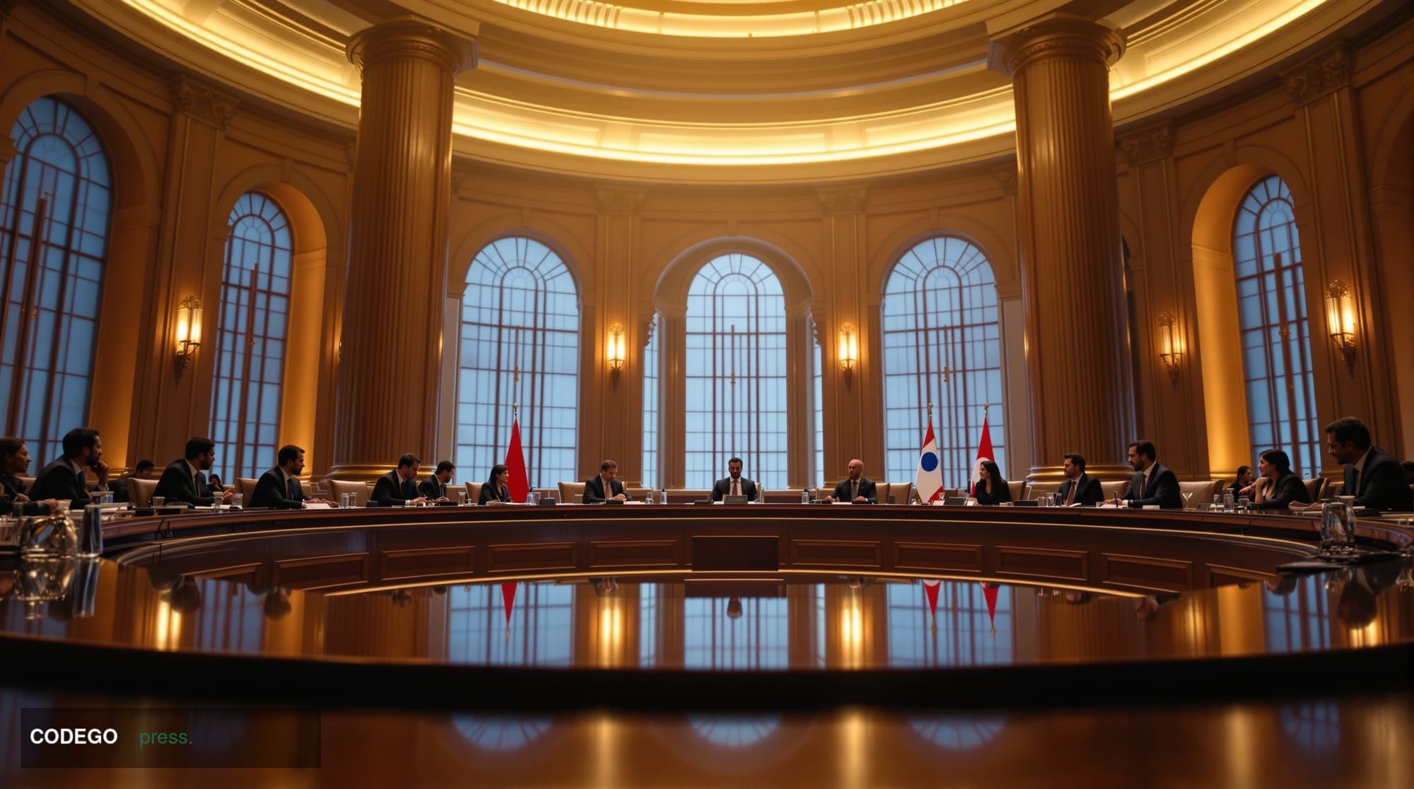 A wide-angle cinematic editorial photograph taken at a grand international summit conference table, shot from a low camera an