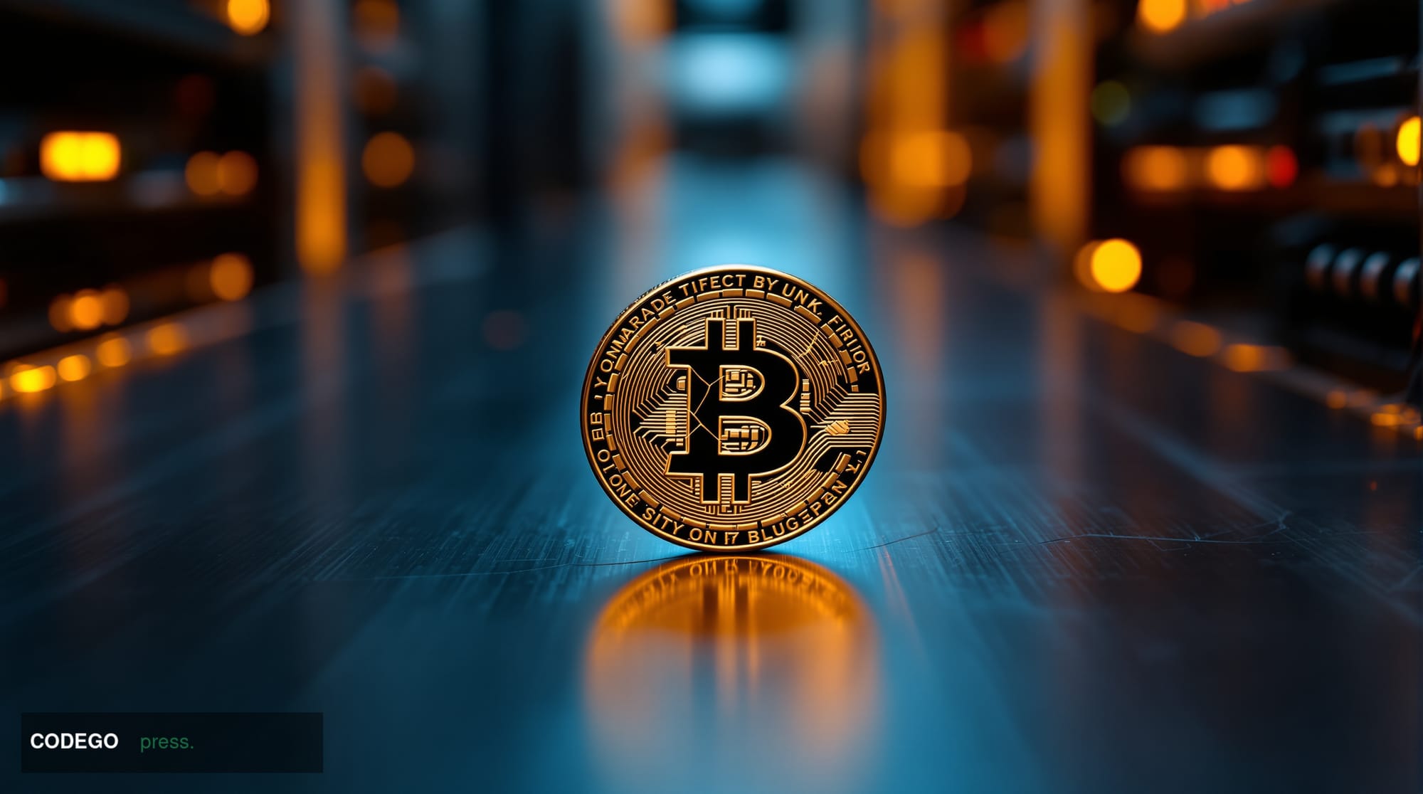 A dramatic cinematic editorial photograph shot at a tight medium angle looking down at a physical Bitcoin token resting on a 