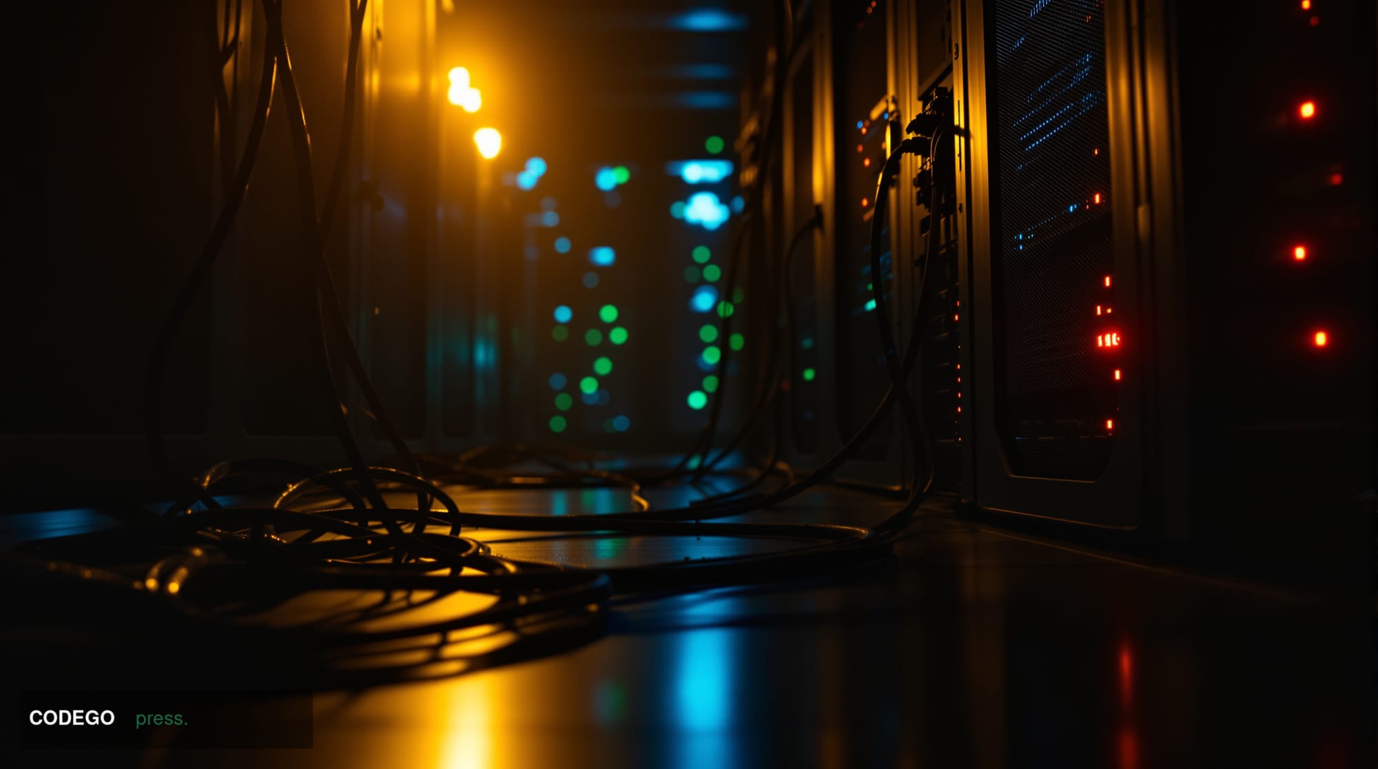 A cinematic editorial photograph set in a dimly lit secure server room environment, shot from a low angle looking upward towa