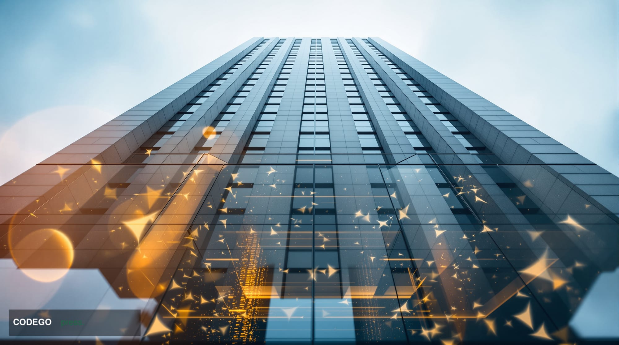 A cinematic editorial photograph taken at ground level looking upward at the imposing neoclassical granite facade of a federa