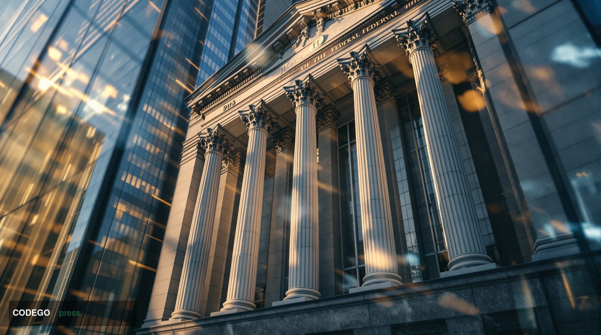 A cinematic editorial photograph shot from street level looking upward at a grand neoclassical stone federal building — evoki