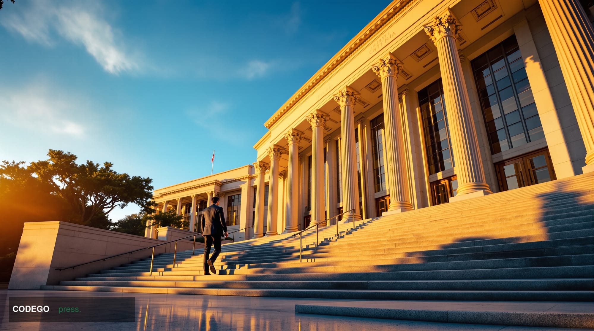 A wide-angle cinematic photograph of a grand California state government building at golden hour, the warm amber sunlight cas