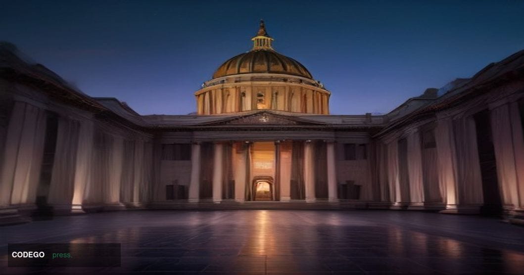 A cinematic photorealistic editorial photograph of the California State Capitol building in Sacramento at dusk, its neoclassi