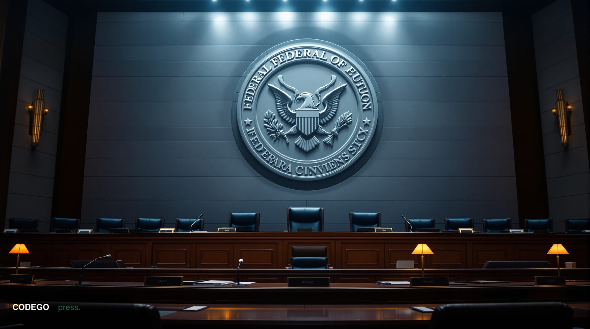 A formal federal regulatory hearing room photographed from a low angle looking toward an elevated curved mahogany dais, bathe