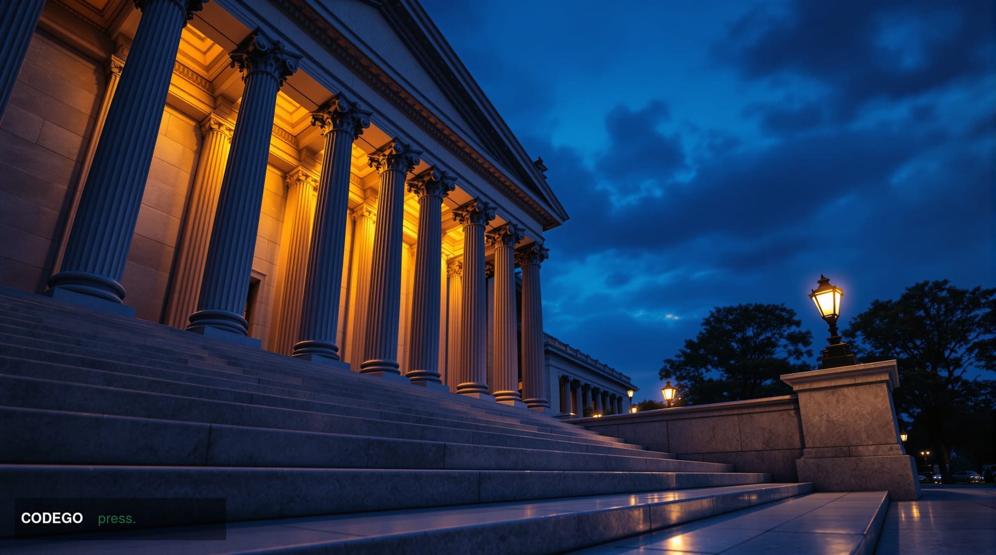 A grand neoclassical federal banking regulatory building photographed from a low dramatic angle at dusk, its imposing stone c