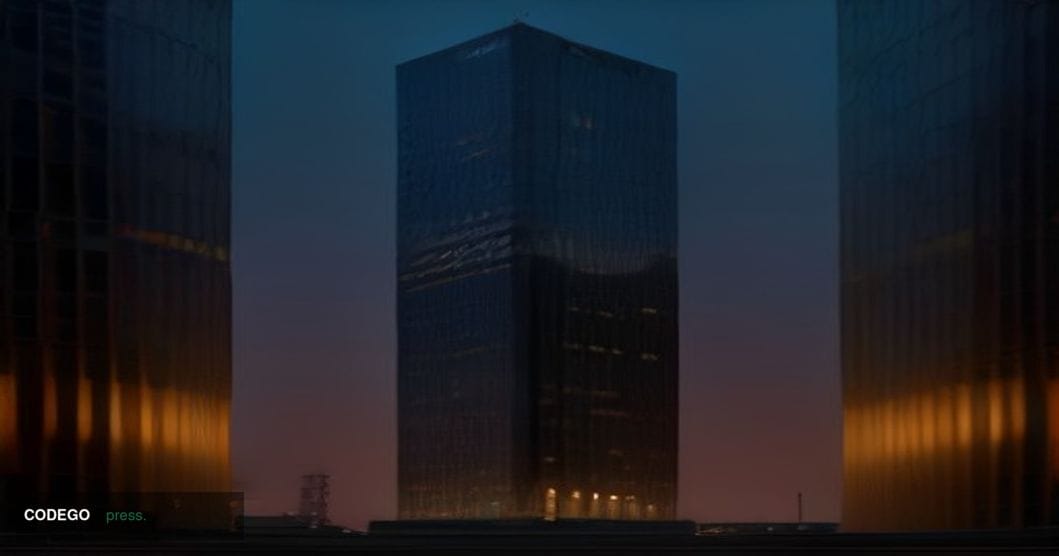 A dramatic low-angle cinematic shot of Capital One's corporate headquarters building in McLean, Virginia, photographed at dus