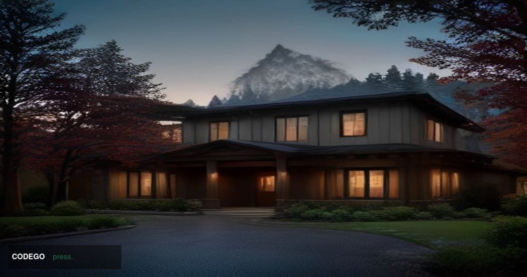 A Pacific Northwest-styled community bank headquarters building photographed at dusk from a low angle, a modest but dignified