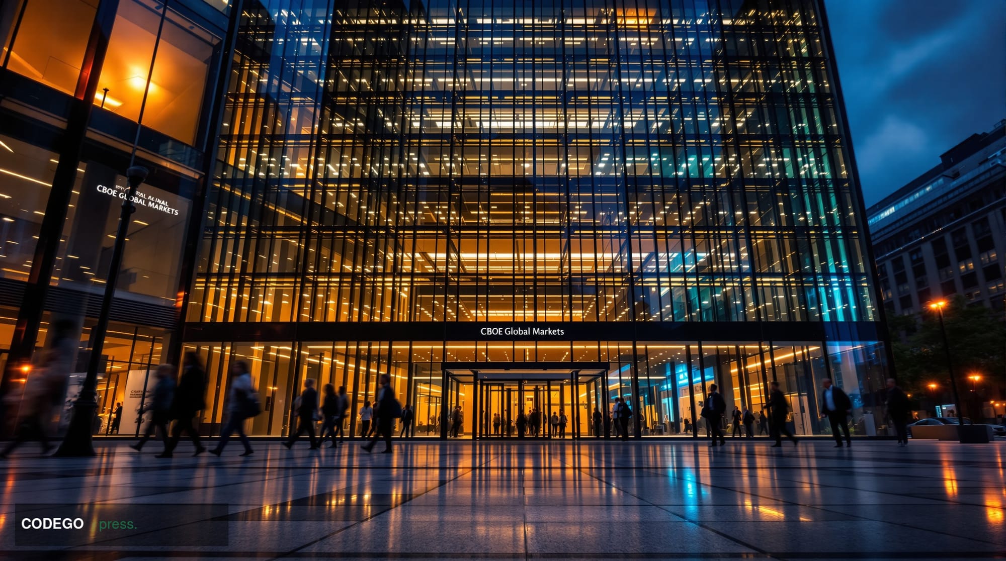 A dramatic low-angle cinematic shot of the Cboe Global Markets headquarters building in Chicago's financial district at dusk,