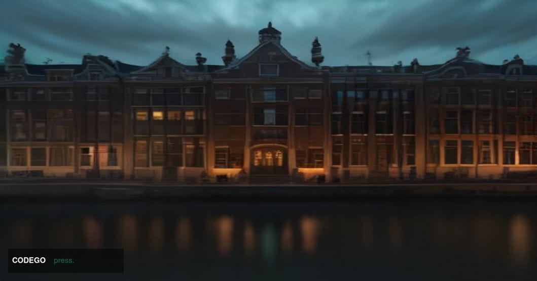A wide-angle cinematic shot of Amsterdam's historic financial district canal waterfront at dusk, photographed from a low rive