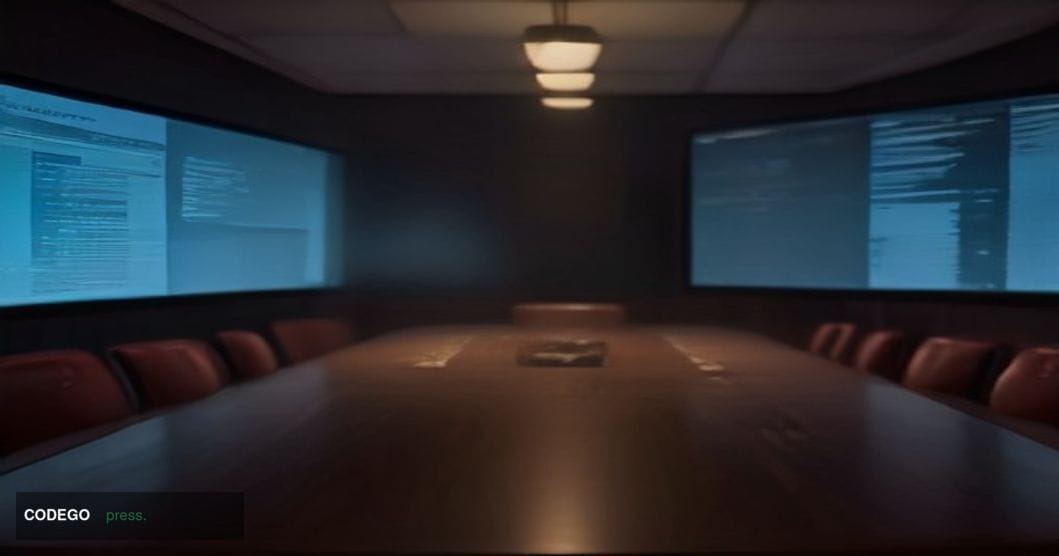 A cinematic editorial photograph set inside a darkened corporate boardroom of a blockchain technology firm, with a wide mahog