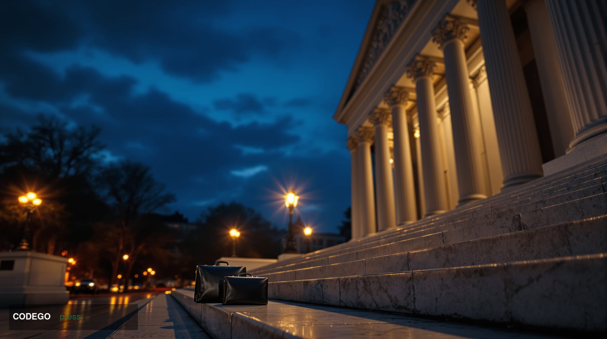 A cinematic editorial photograph shot from a low angle looking up at the imposing neoclassical stone facade of a Washington D