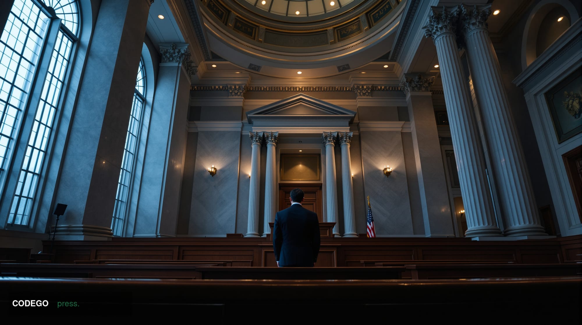 A dramatic, photorealistic editorial photograph set inside a solemn U.S. federal courthouse interior, captured from a low ang