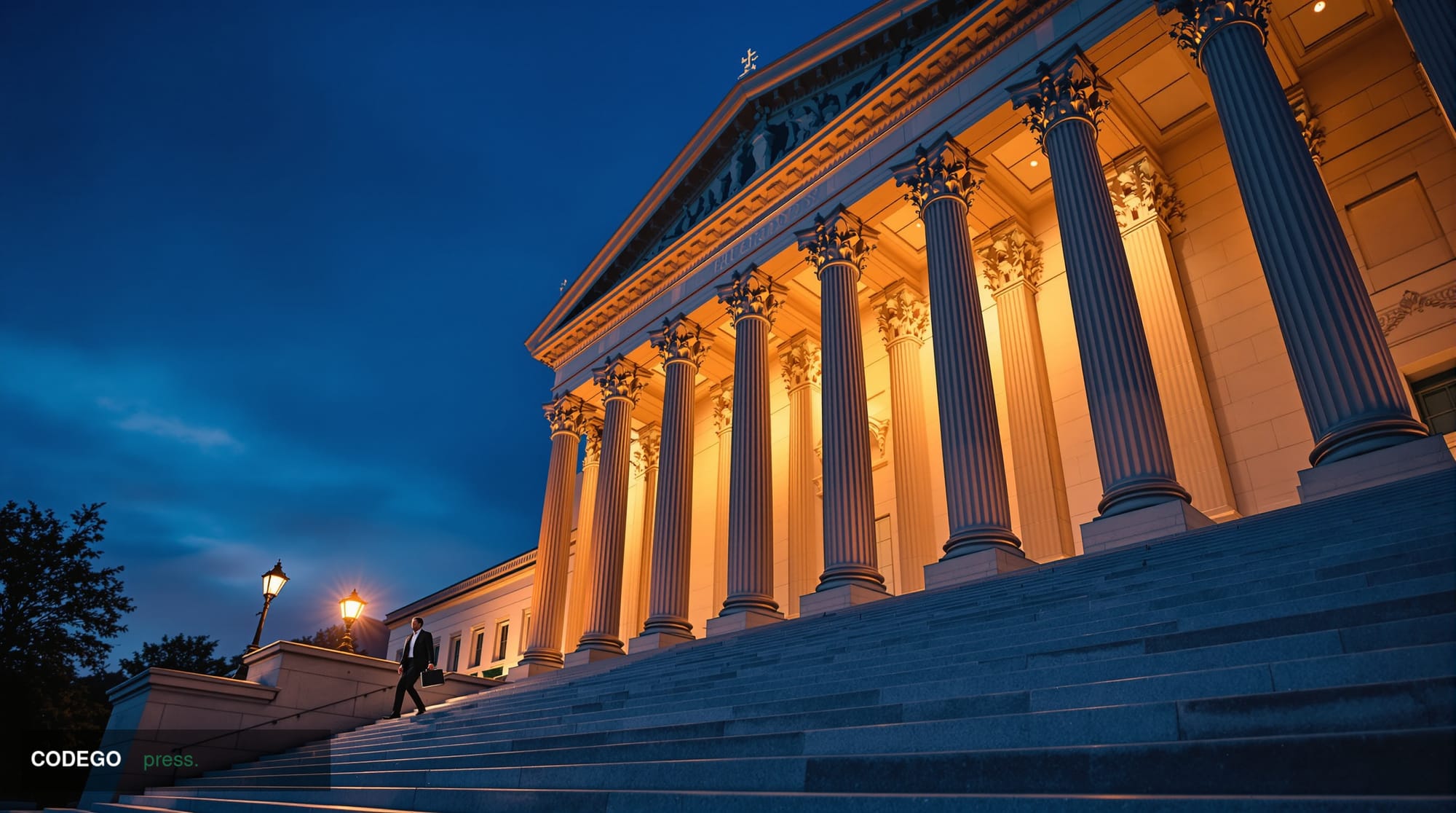 A cinematic editorial photograph of the exterior of a commanding neoclassical federal government building in Washington D.C.,