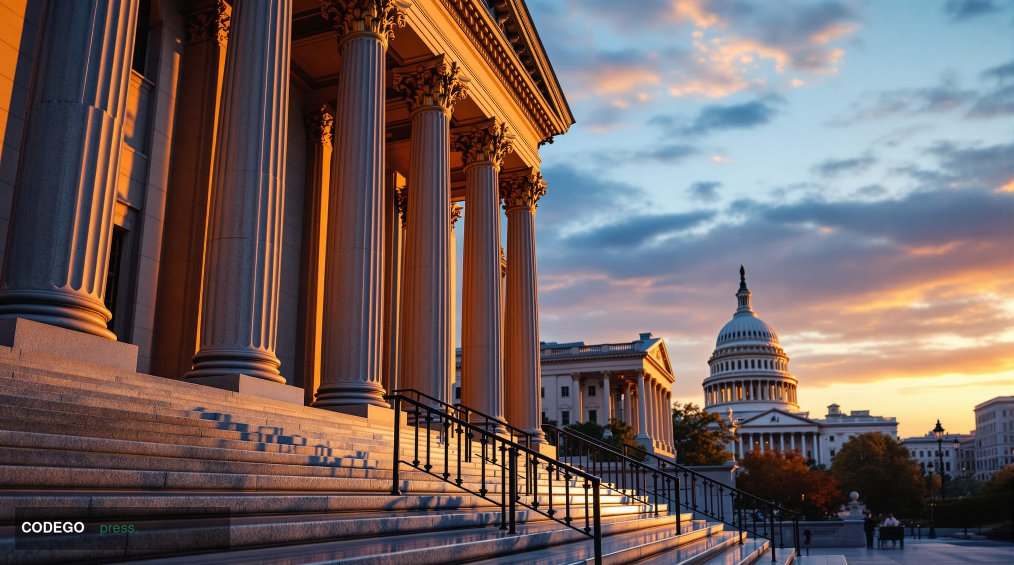A dramatic wide-angle shot of the exterior of the Commodity Futures Trading Commission headquarters building in Washington D.
