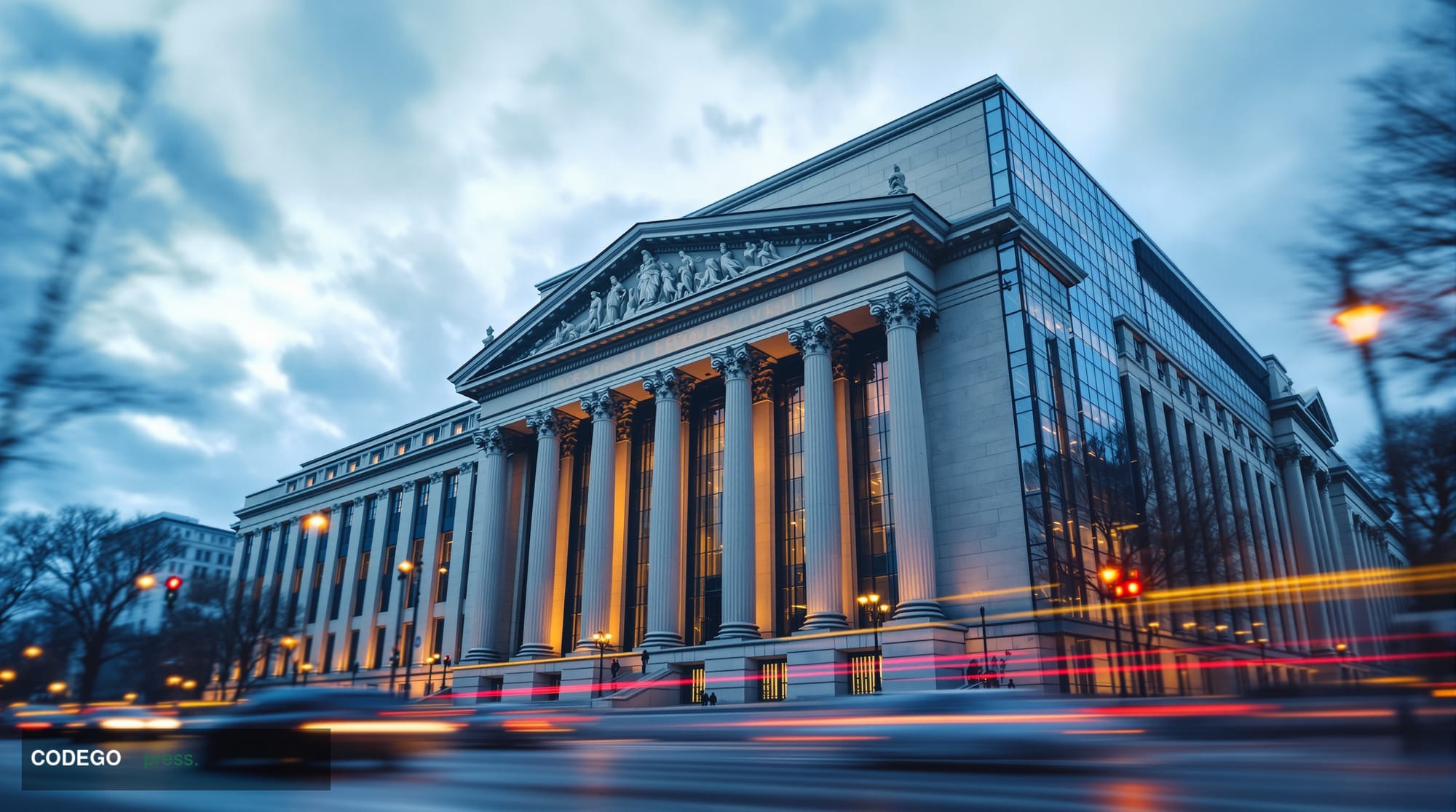 A dramatic low-angle shot of the exterior of a federal government regulatory building in Washington D.C., its imposing neocla