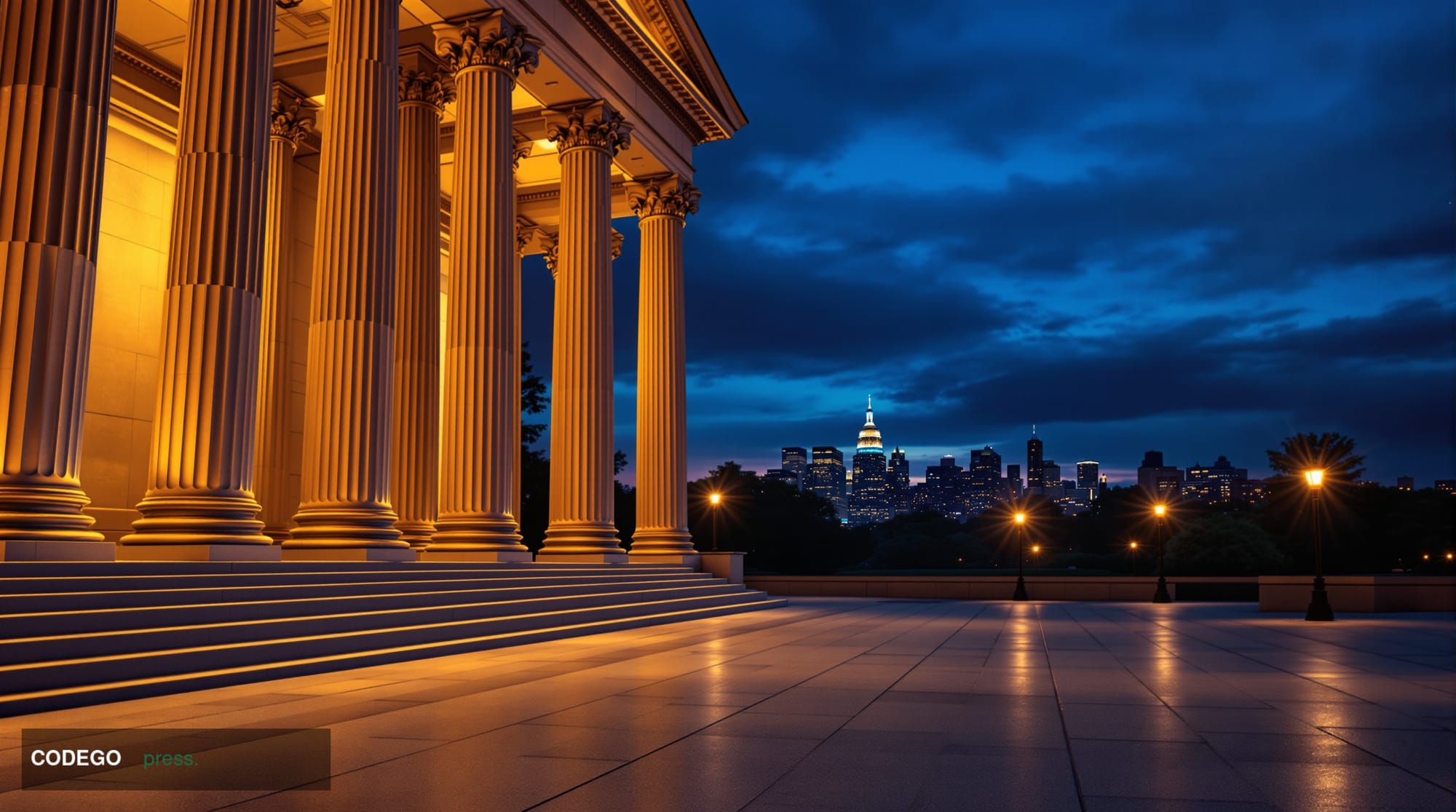 A dramatic low-angle shot of a neoclassical federal government building facade at dusk in Washington D.C., its stone columns 