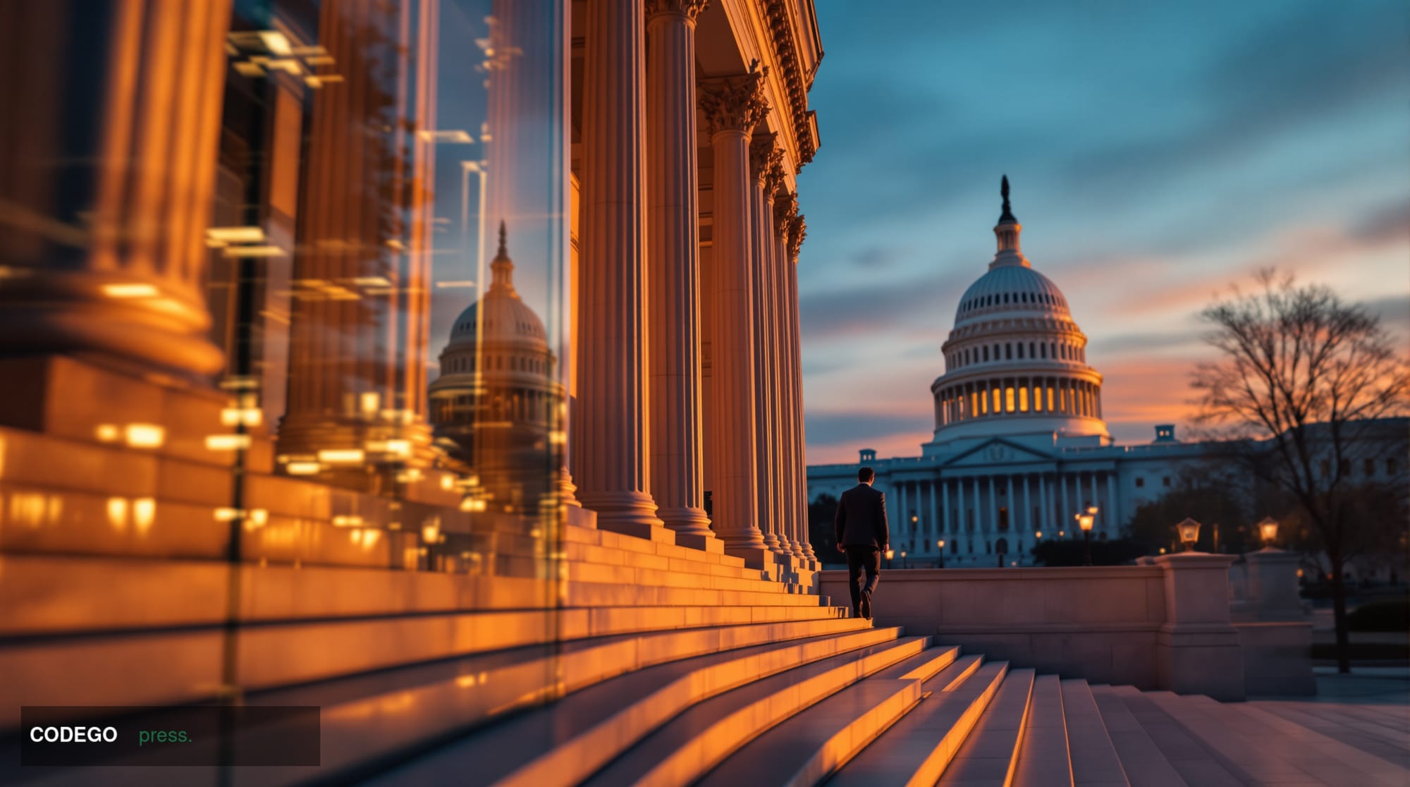 A wide-angle cinematic shot of the exterior of a neoclassical Washington D.C. federal government building at golden hour, wit