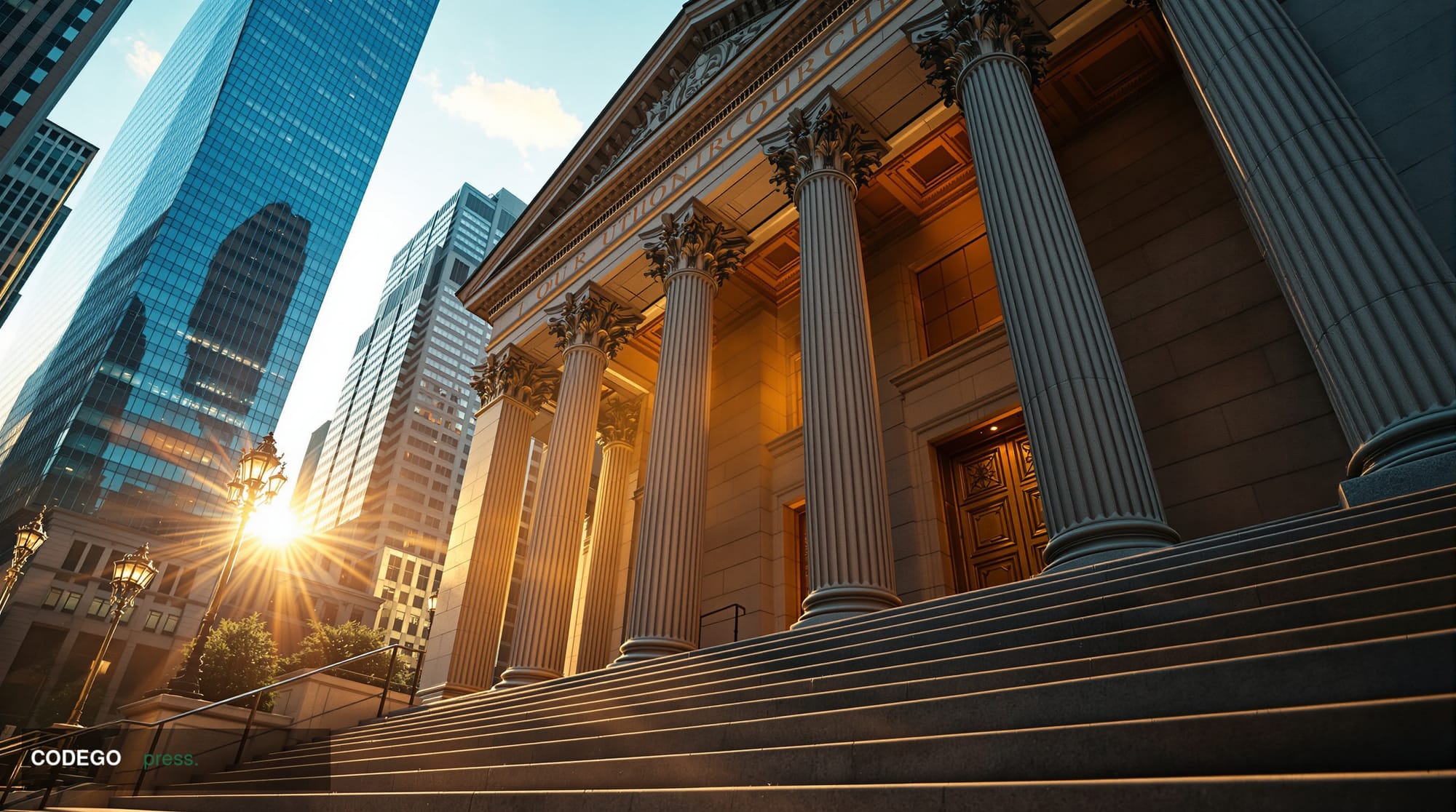 A cinematic editorial photograph shot from a low angle looking up at the imposing neoclassical stone facade of a federal cour