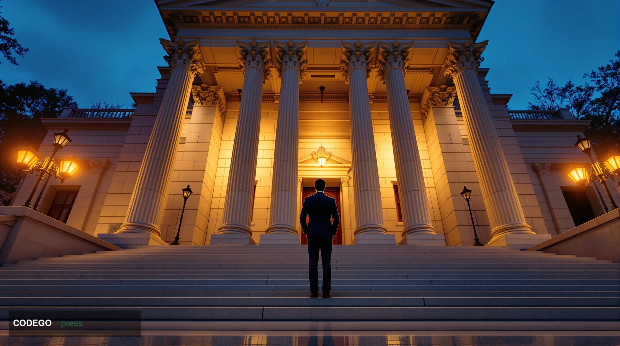A wide-angle, low-angle shot looking up at the neoclassical stone facade of a federal government building in Washington D.C. 