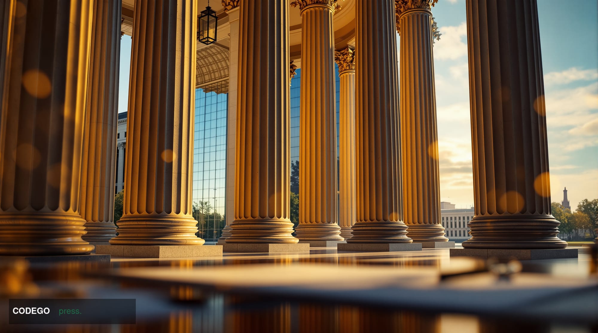 A dramatic low-angle cinematic shot of the exterior of a grand neoclassical government building in Washington D.C., its stone
