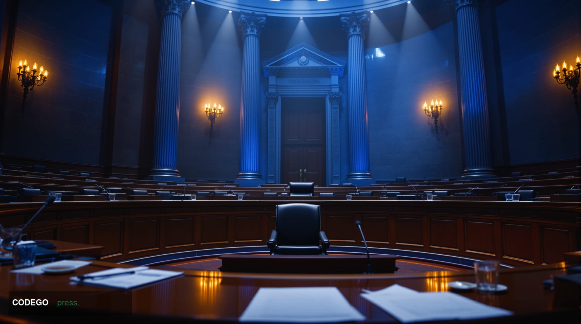A wide-angle cinematic shot of the interior of a grand federal hearing chamber in Washington D.C., featuring a large curved m