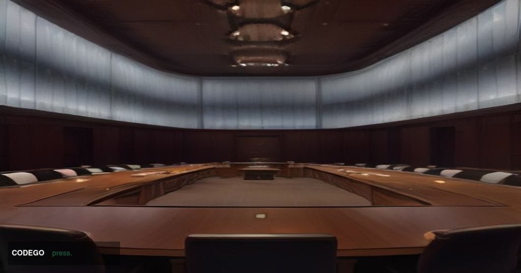 A dramatic cinematic editorial photograph set in a grand governmental conference chamber reminiscent of an OECD Paris headqua