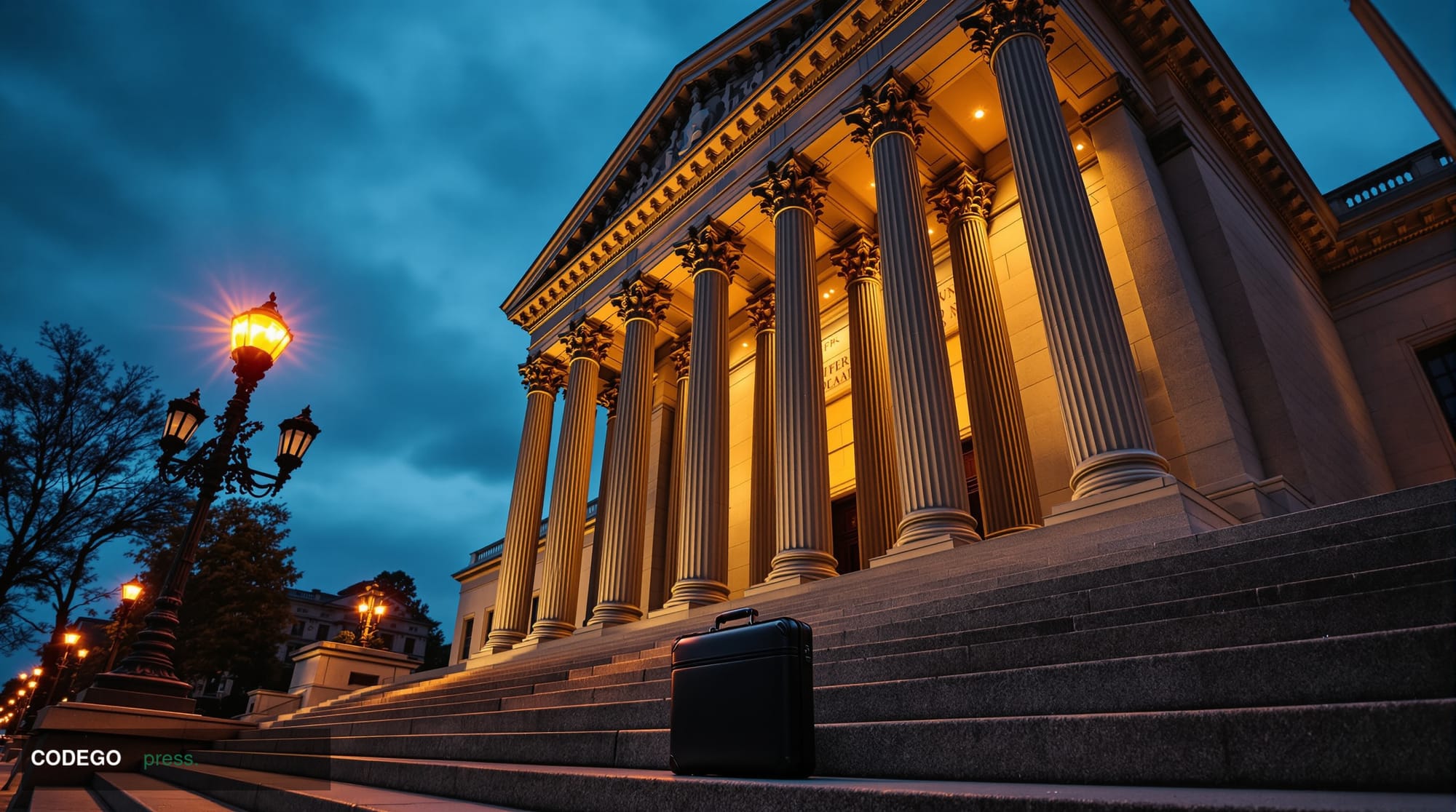 A dramatic wide-angle low-perspective shot of the imposing neoclassical facade of a Washington D.C. federal courthouse at dus