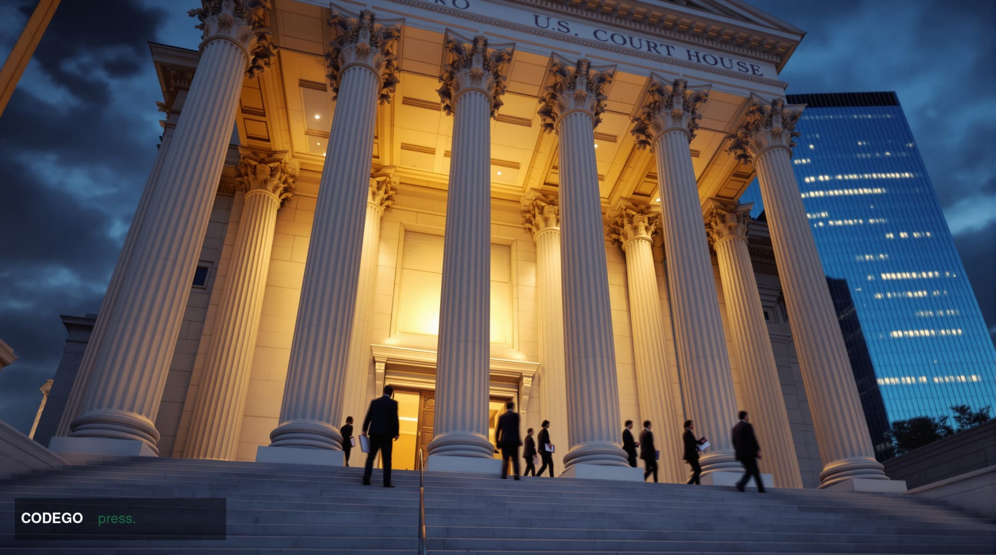 A dramatic photorealistic editorial photograph depicting the exterior of a neoclassical U.S. federal courthouse building shot