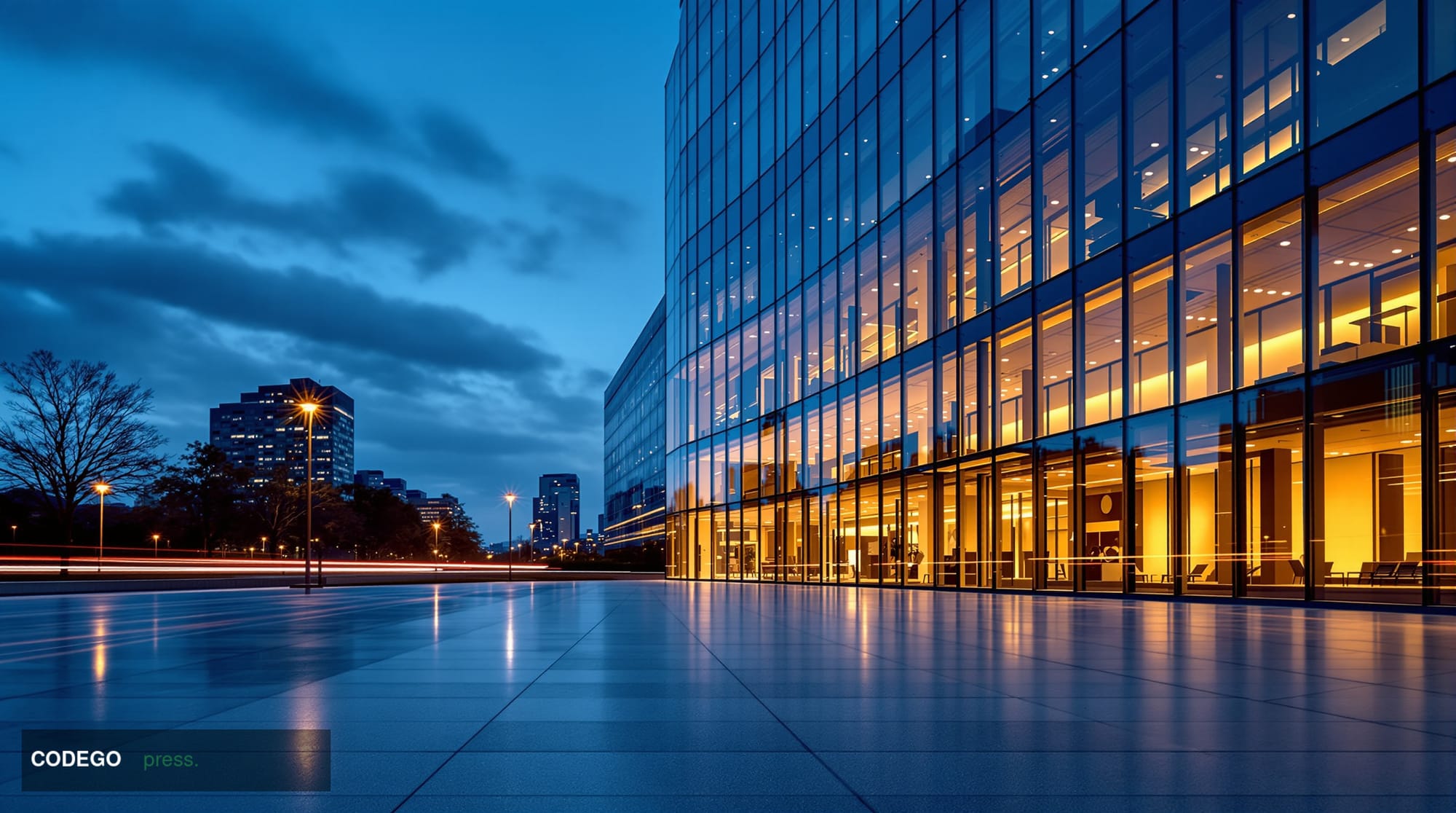 A cinematic editorial photograph depicting a sleek, modern financial technology office campus exterior at dusk, set against a