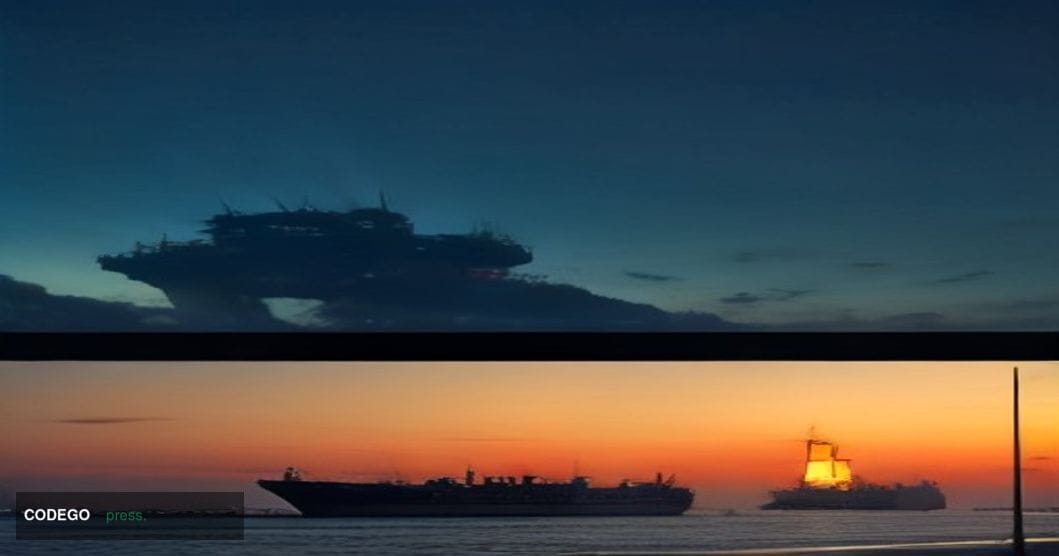 A cinematic editorial photograph set at a modern port terminal on the South China Sea, where a Chinese cargo ship bearing red