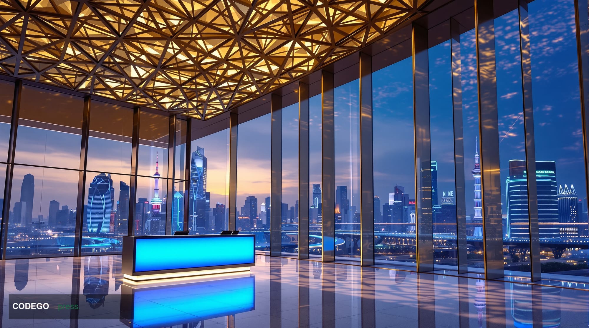 A photorealistic cinematic editorial photograph of a sleek, modern Chinese bank branch interior at dusk, shot from a low angl