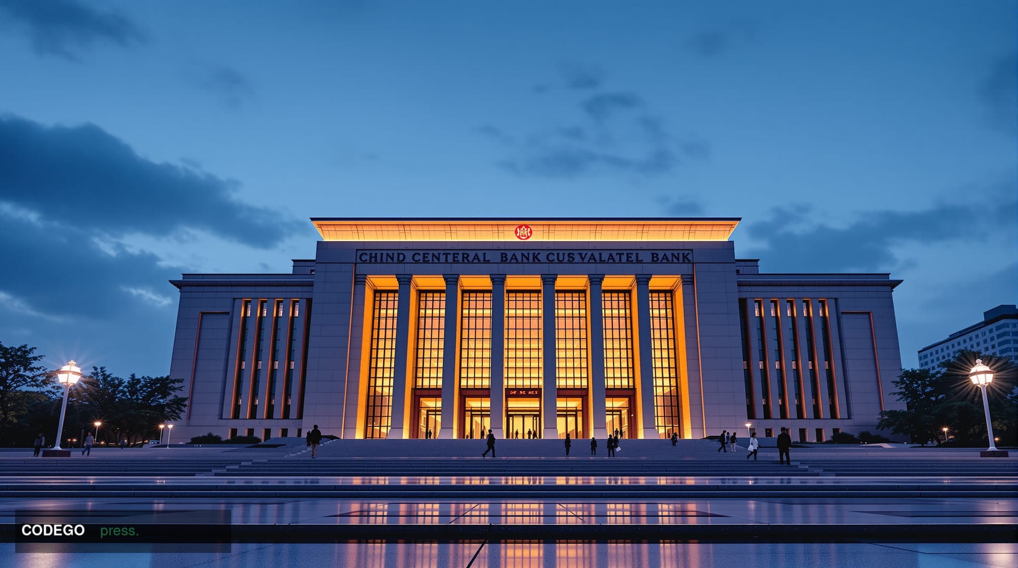 A photorealistic editorial photograph of a grand Chinese central bank building — a monumental stone and glass structure with 