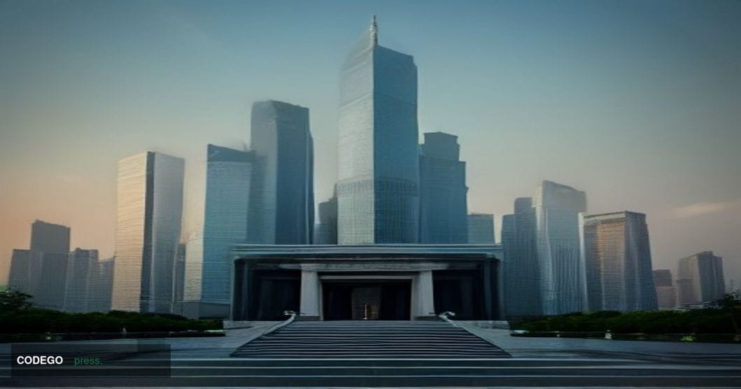 A dramatic cinematic editorial photograph taken at golden hour from a low-angle perspective looking up at the iconic Shanghai