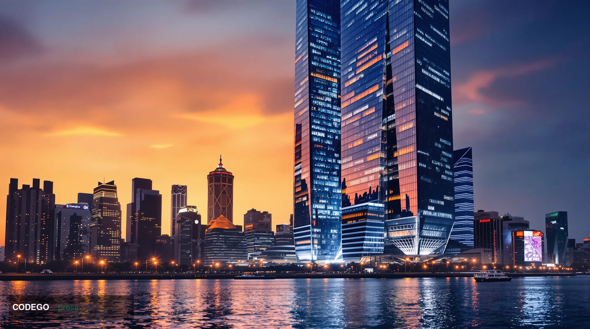 A cinematic editorial photograph set against the dramatic Shanghai skyline at dusk, with the Huangpu River reflecting warm am