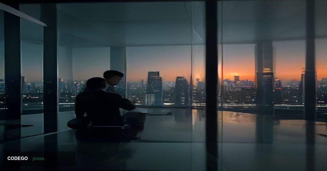 A cinematic editorial photograph of a sleek, modern financial technology office interior in Singapore, with floor-to-ceiling 