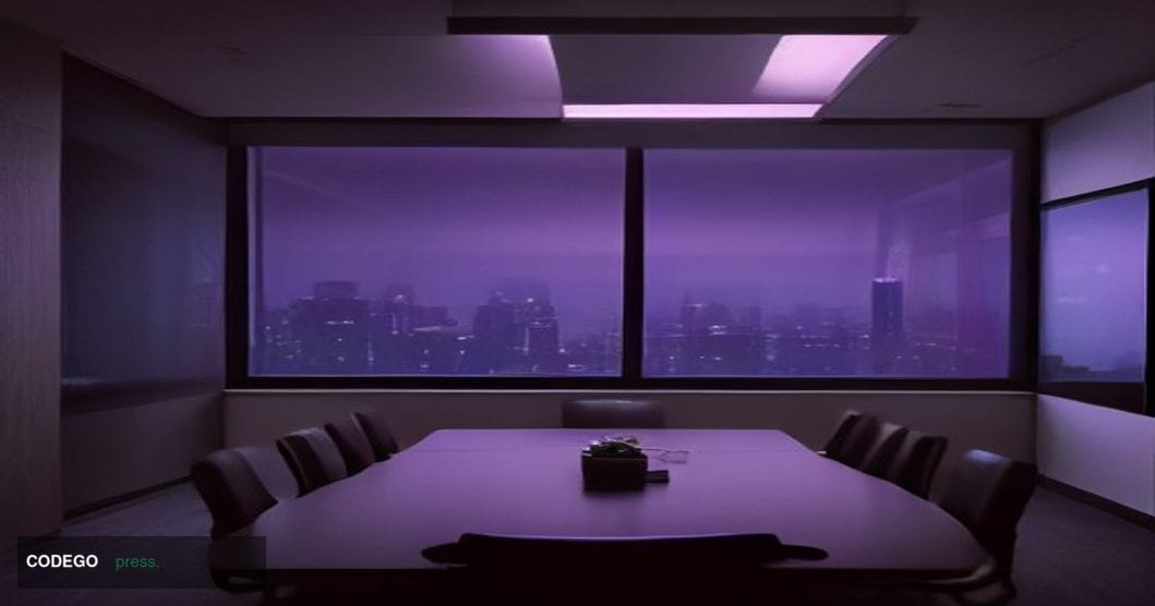 A cinematic editorial photograph set inside a sleek, minimalist European banking operations centre at dusk, shot from a low w