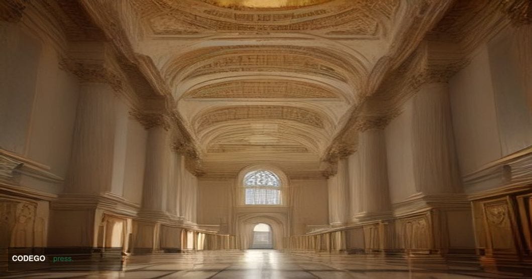 A grand neoclassical Italian banking hall interior in Rome, shot from a low angle looking toward a raised marble lectern bath